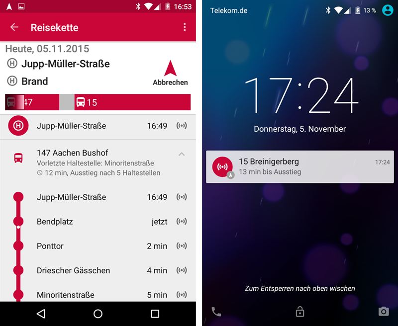 Die IVU.realtime.app im ASEAG-Design. Die Software enthält jetzt auch eine vollwertige Reisebegleitung – zu sehen vom 1. bis 3. März bei der IT-Trans am Stand der IVU Traffic Technologies AG in Halle 1, Stand G4.