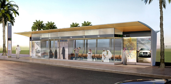 Designstudie einer Station entlang einer der 22 neuen BRT-Buslinien. Neben einem zukunftsweisenden öffentlichen Nahverkehr ist die lückenlose dynamische Fahrgastinformation an den Haltestellen, in den Fahrzeugen und über Internet / Mobiltelefone ein entscheidender Erfolgsfaktor für das neue BRT-Netz.